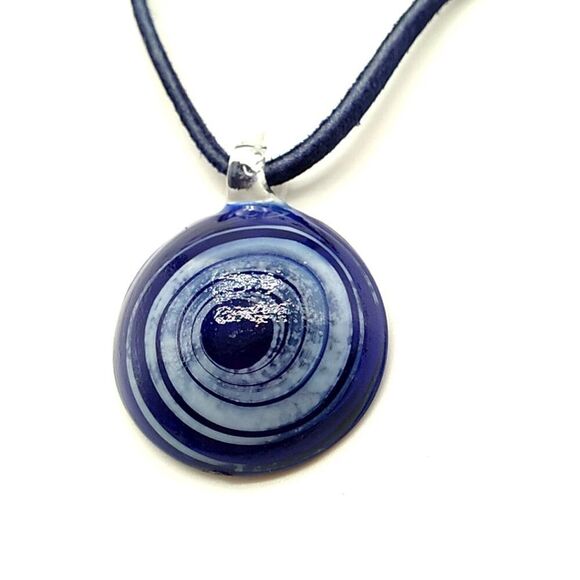 Evil Eye Necklace, Navy Blue Evil Eye Glass Disc Pendant On Black Cord - Picture 3 of 12